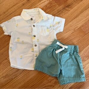 Boys Carter's 9M tropical pineapple print button down shirt and shorts set